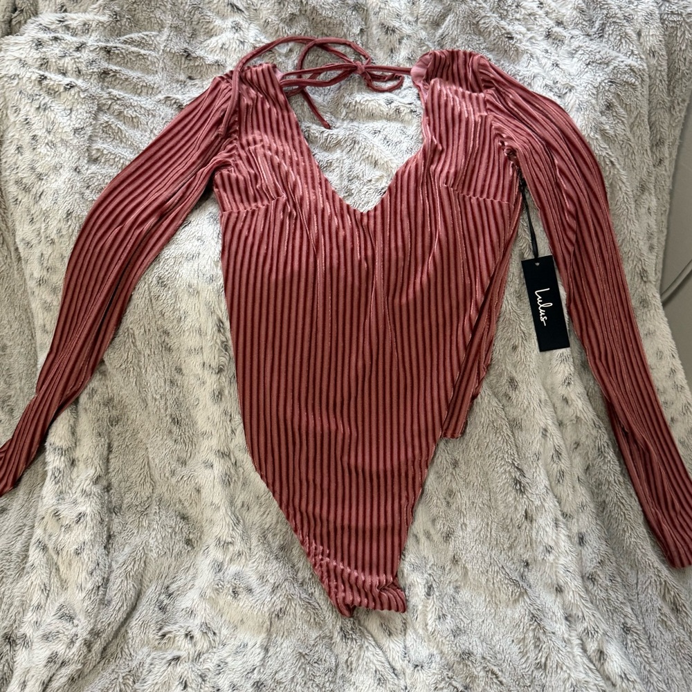 Lulu's Pink Asymmetrical Ribbed Bodysuit with Tie Front